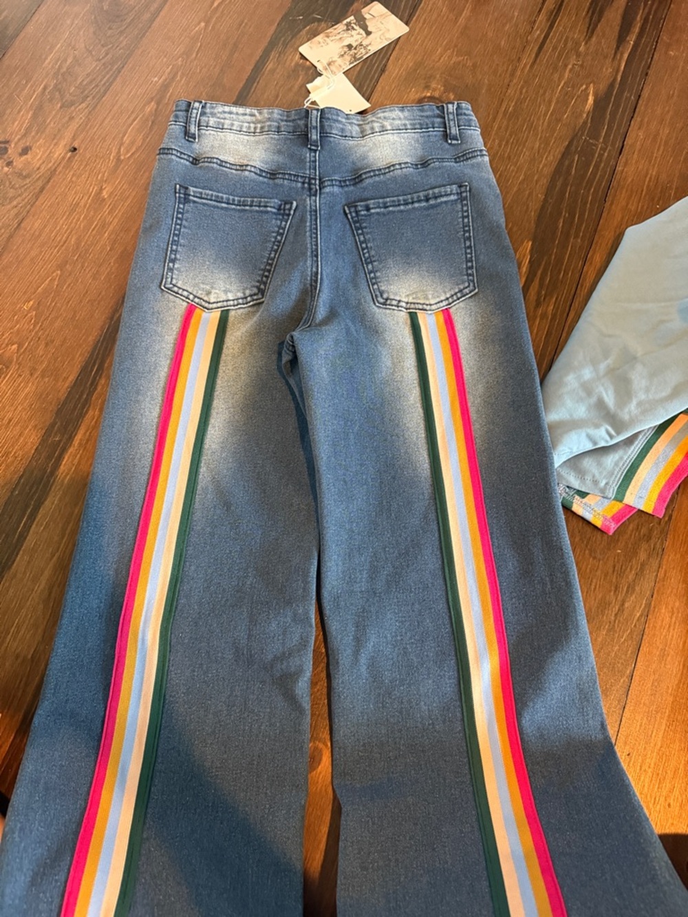 Hannah Banana Blue Sweatshirt with Pink and Teal Heart and Rainbow Stripe Trim - Picture 5 of 5